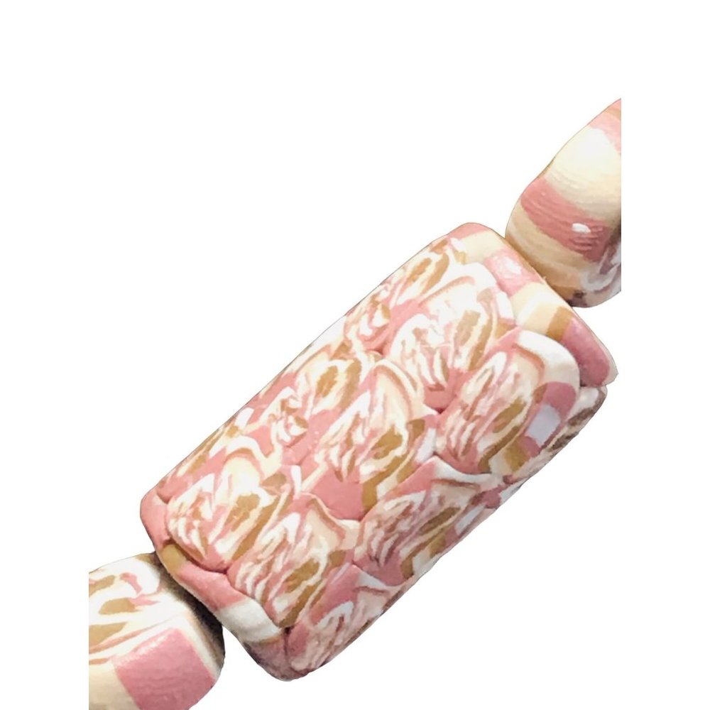 Chunky Handmade Polymer Clay Bead Necklace Rose Brown Tan Cream Calico - Picture 2 of 6